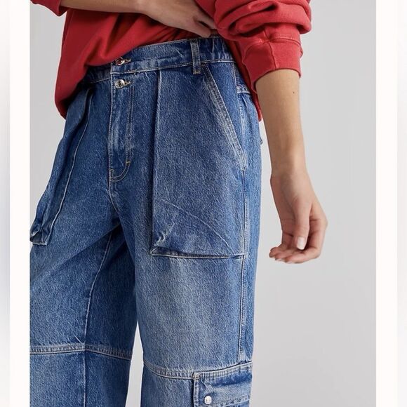 Free People We The Free Marx Slouchy Cargo Jeans Wide Blue Utility 26/27 NWOT - Picture 13 of 16